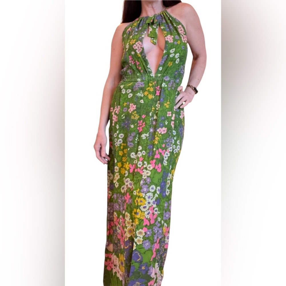 Vintage 70s Deep V Floral Green Maxi Dress - Picture 15 of 15